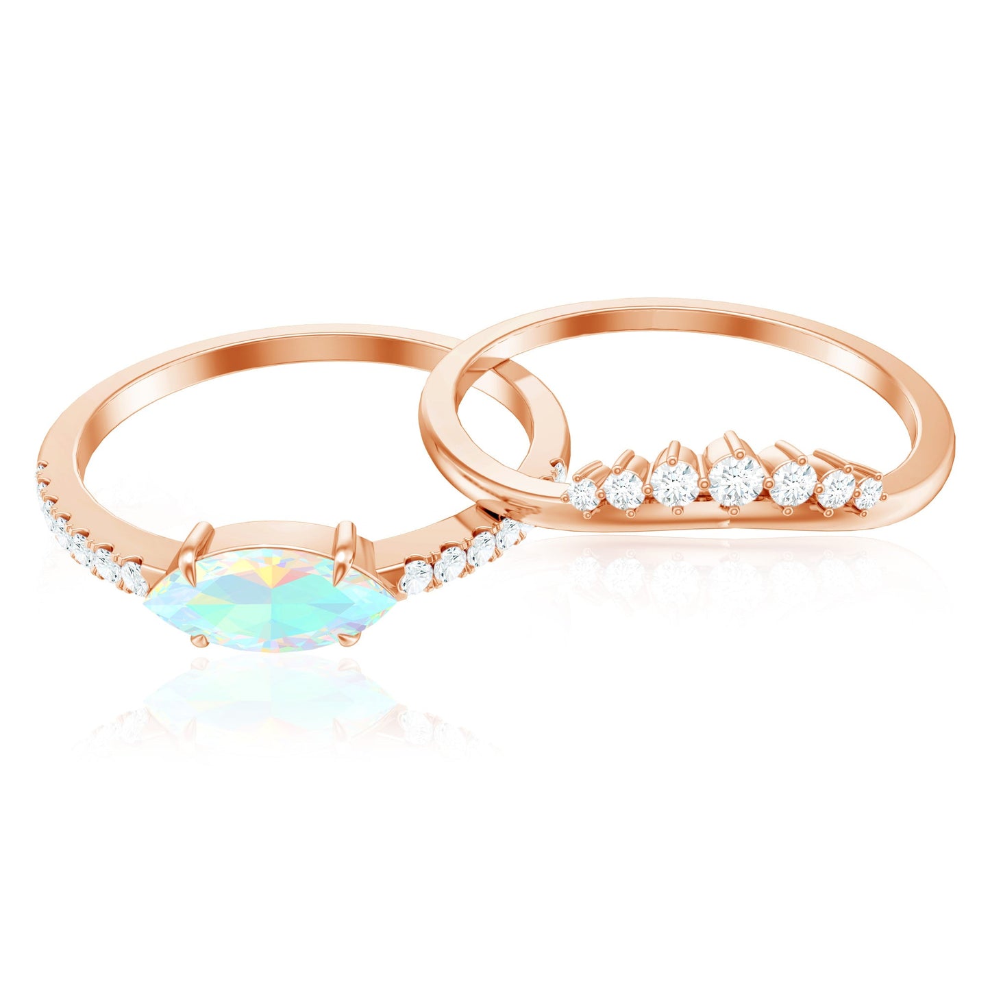 Natural Ethiopian Rainbow Opal Diamond East West Engagement Ring Wedding Band Set