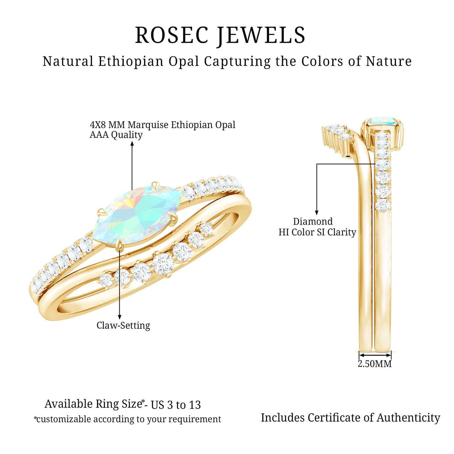 Natural Ethiopian Rainbow Opal Diamond East West Engagement Ring Wedding Band Set