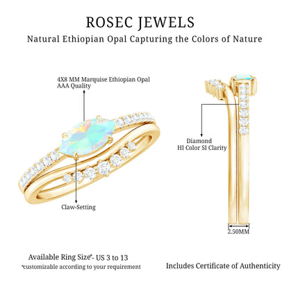 Natural Ethiopian Rainbow Opal Diamond East West Engagement Ring Wedding Band Set