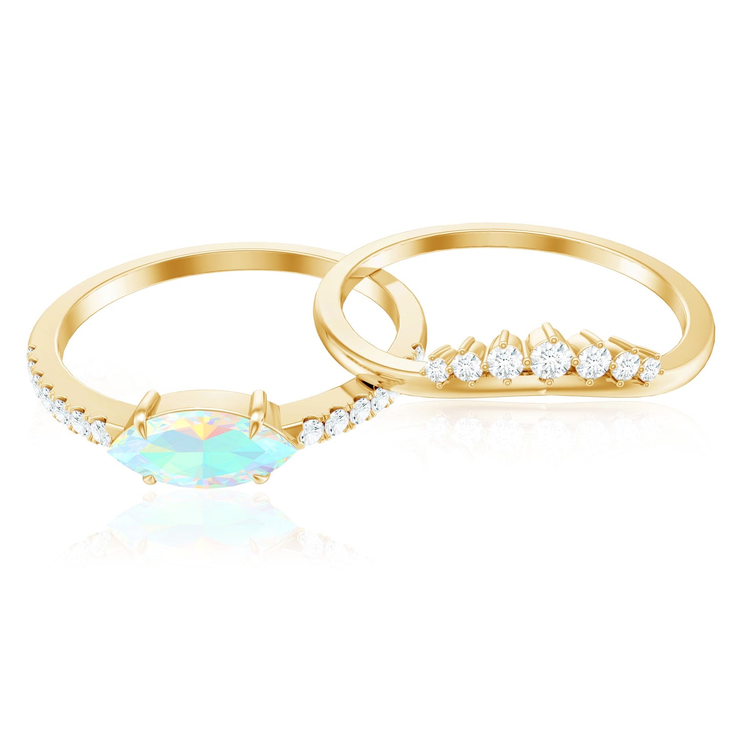 Natural Ethiopian Rainbow Opal Diamond East West Engagement Ring Wedding Band Set