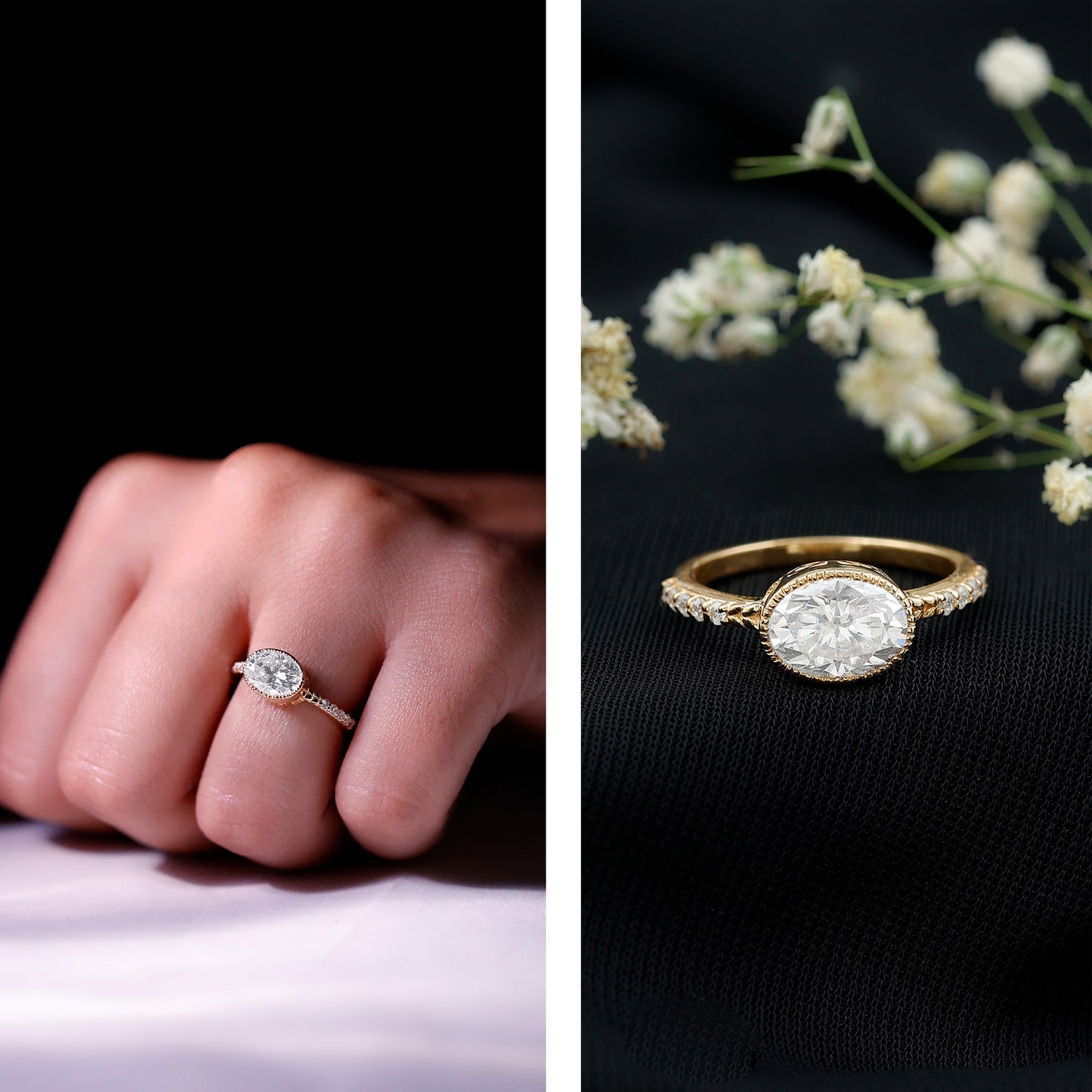 Moissanite East West Engagement Ring in Bezel Setting