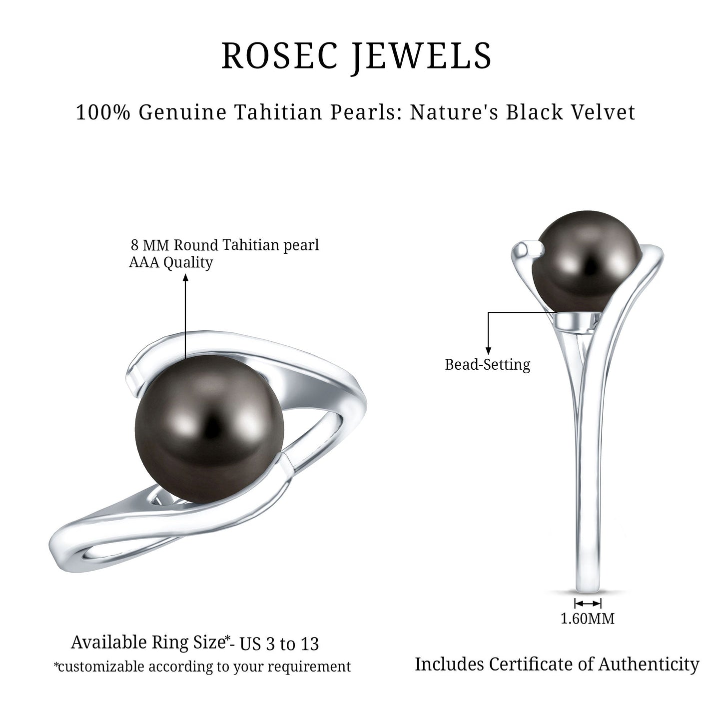 Tahitian Black Pearl Solitaire Bypass Engagement Ring