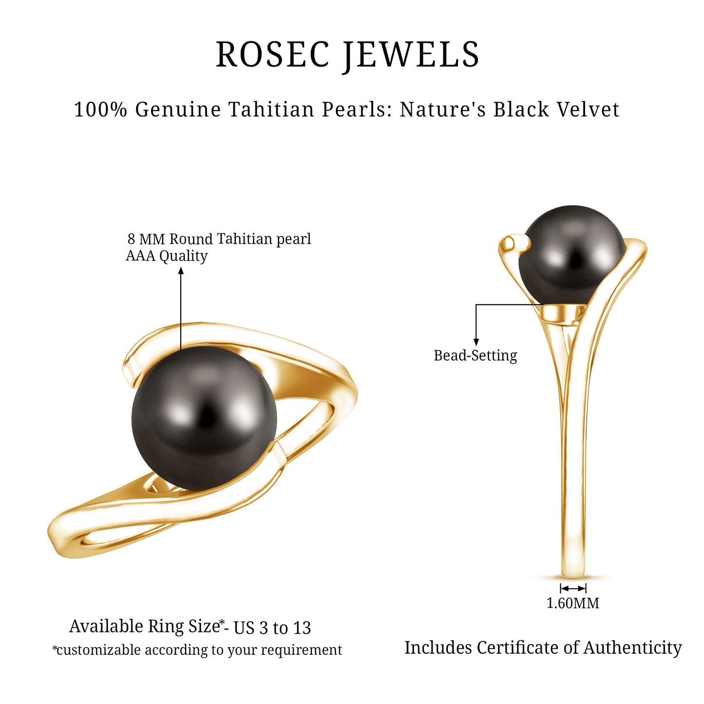 Tahitian Black Pearl Solitaire Bypass Engagement Ring