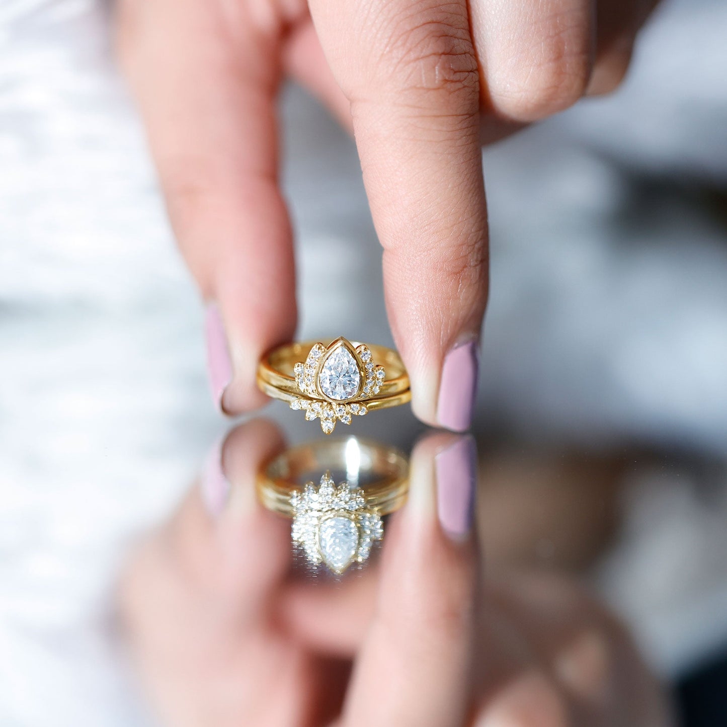 Certified Moissanite Lotus Flower Bridal Ring Set
