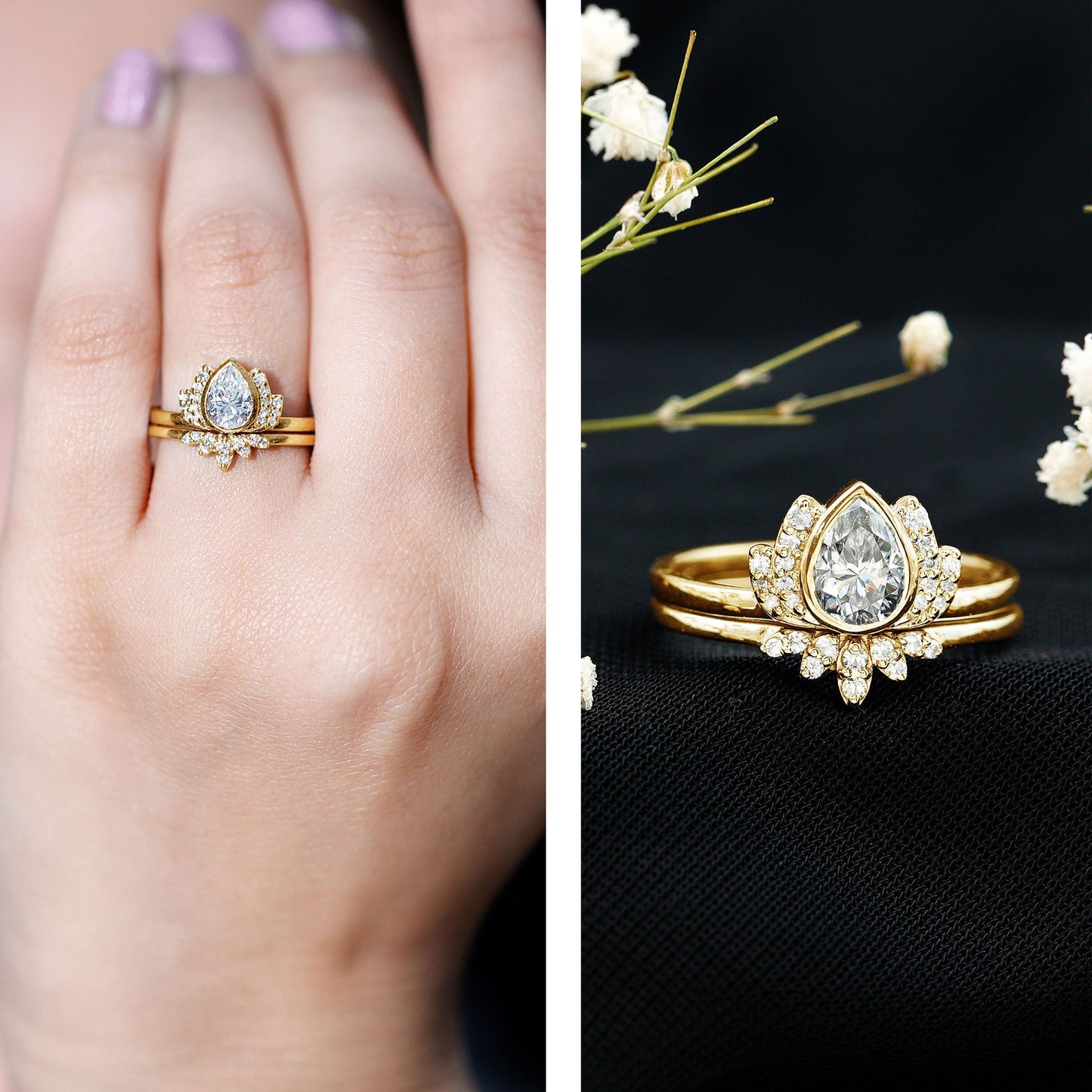 Certified Moissanite Lotus Flower Bridal Ring Set