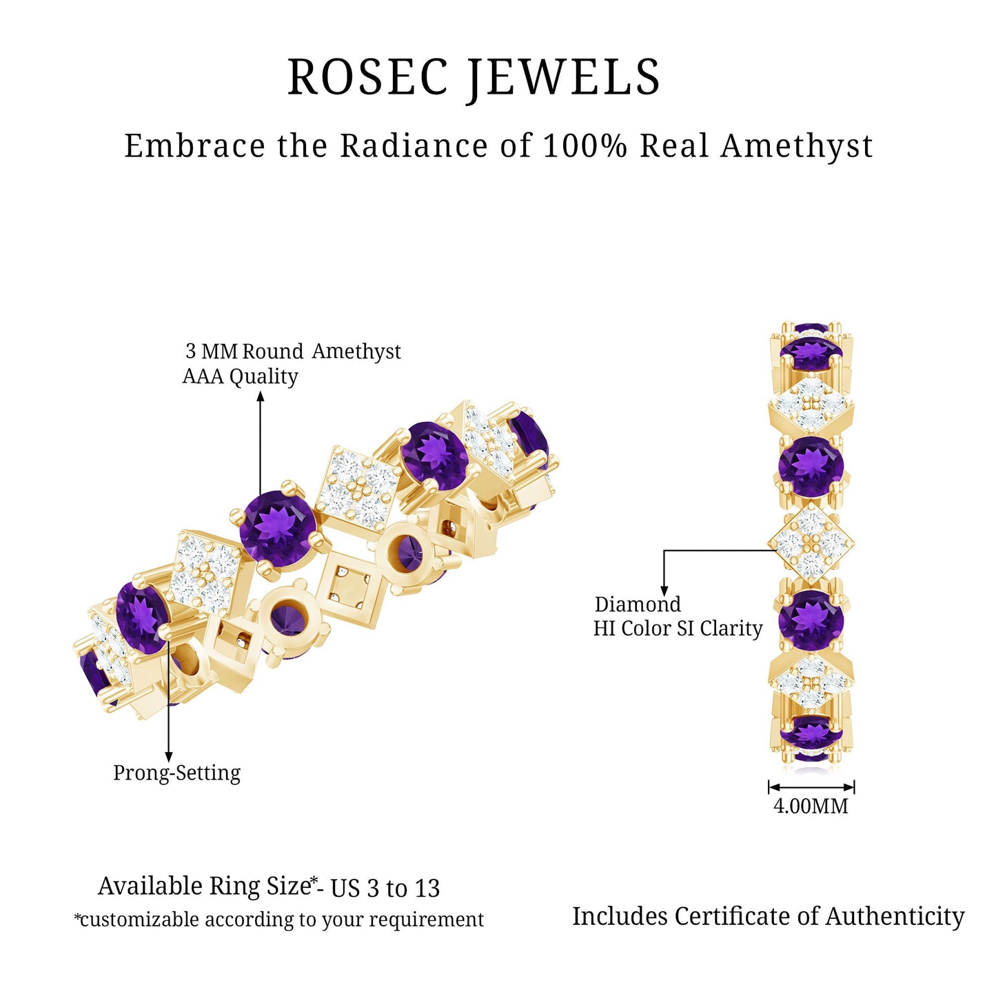 Natural Amethyst Diamond Eternity Ring for Women