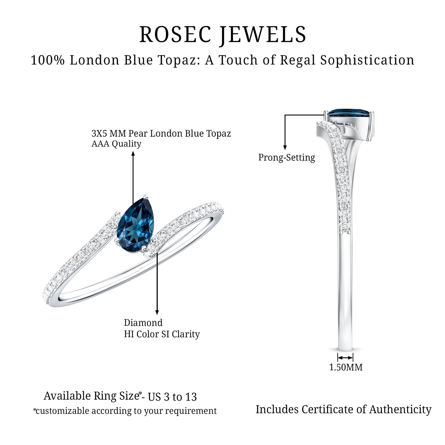 Genuine London Blue Topaz Promise Ring with Diamond