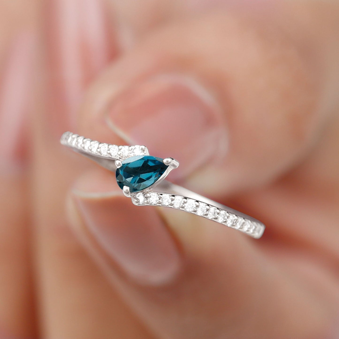 Genuine London Blue Topaz Promise Ring with Diamond