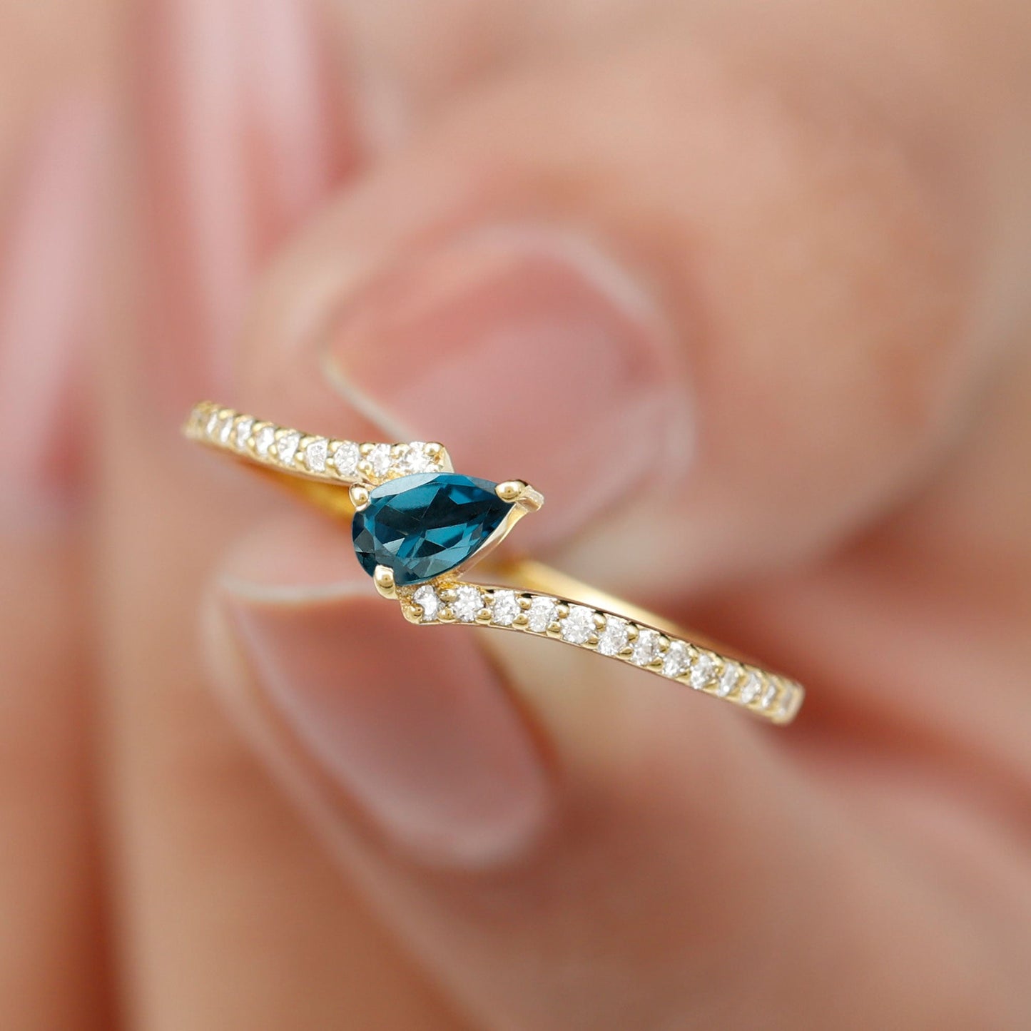Genuine London Blue Topaz Promise Ring with Diamond