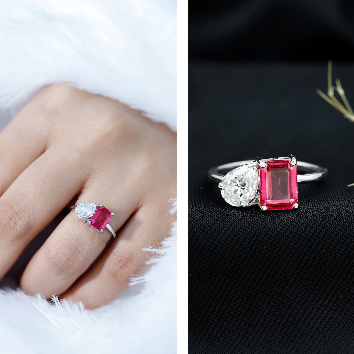 Lab Created Pink Sapphire and Moissanite Toi Et Moi Engagement Ring for Women