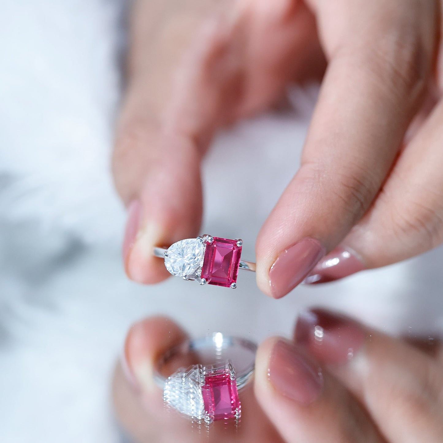 Lab Created Pink Sapphire and Moissanite Toi Et Moi Engagement Ring for Women