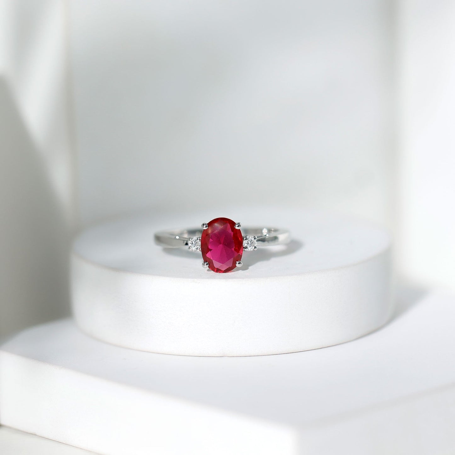 Classic Lab Grown Ruby Oval Engagement Ring With Diamond