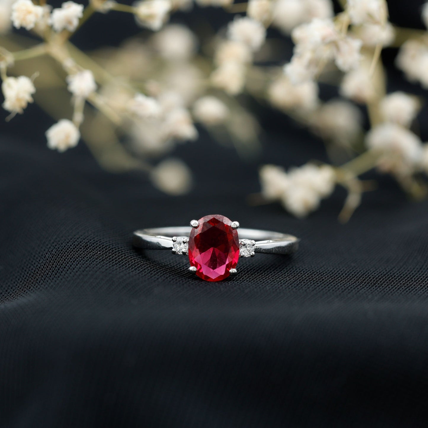 Classic Lab Grown Ruby Oval Engagement Ring With Diamond