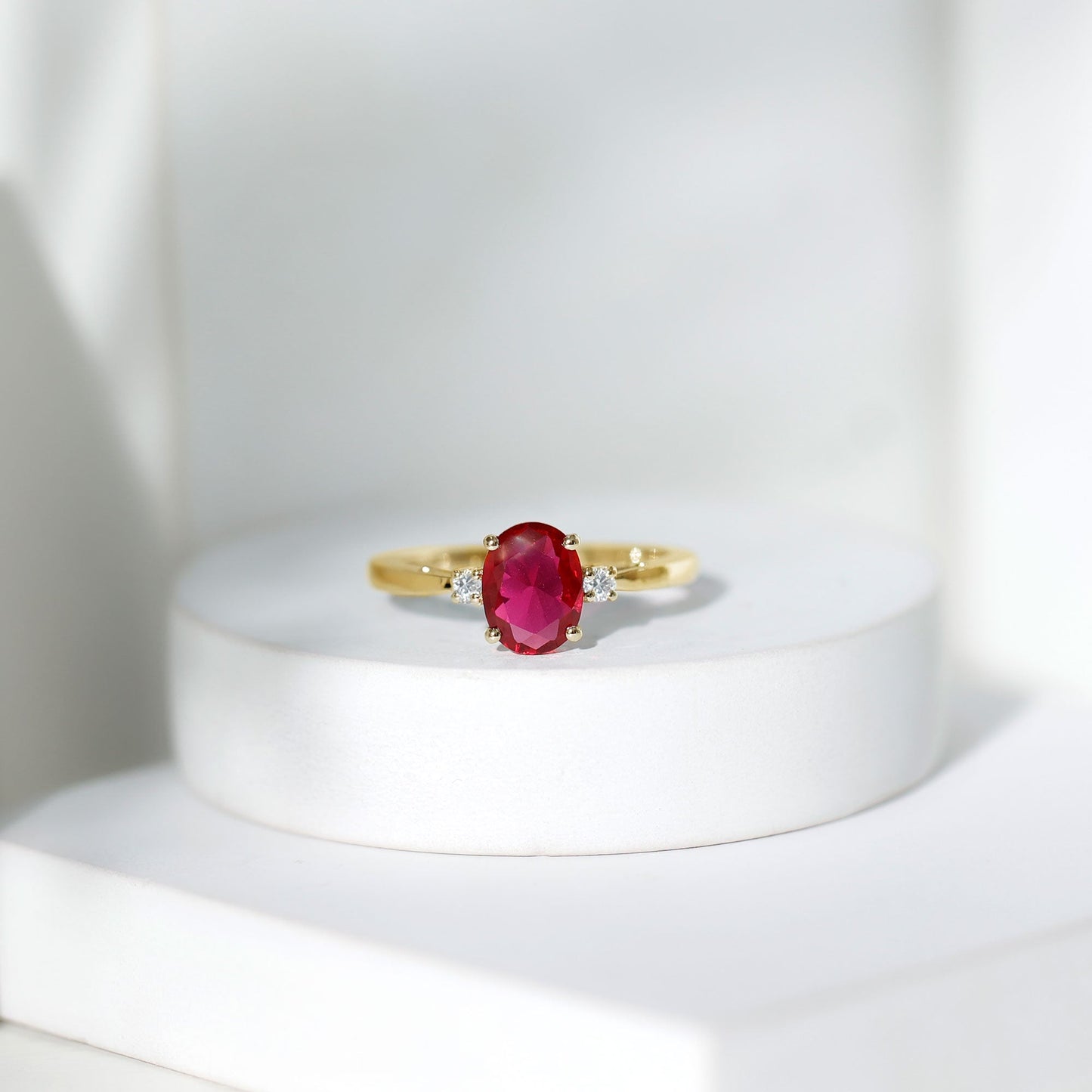 Classic Lab Grown Ruby Oval Engagement Ring With Diamond