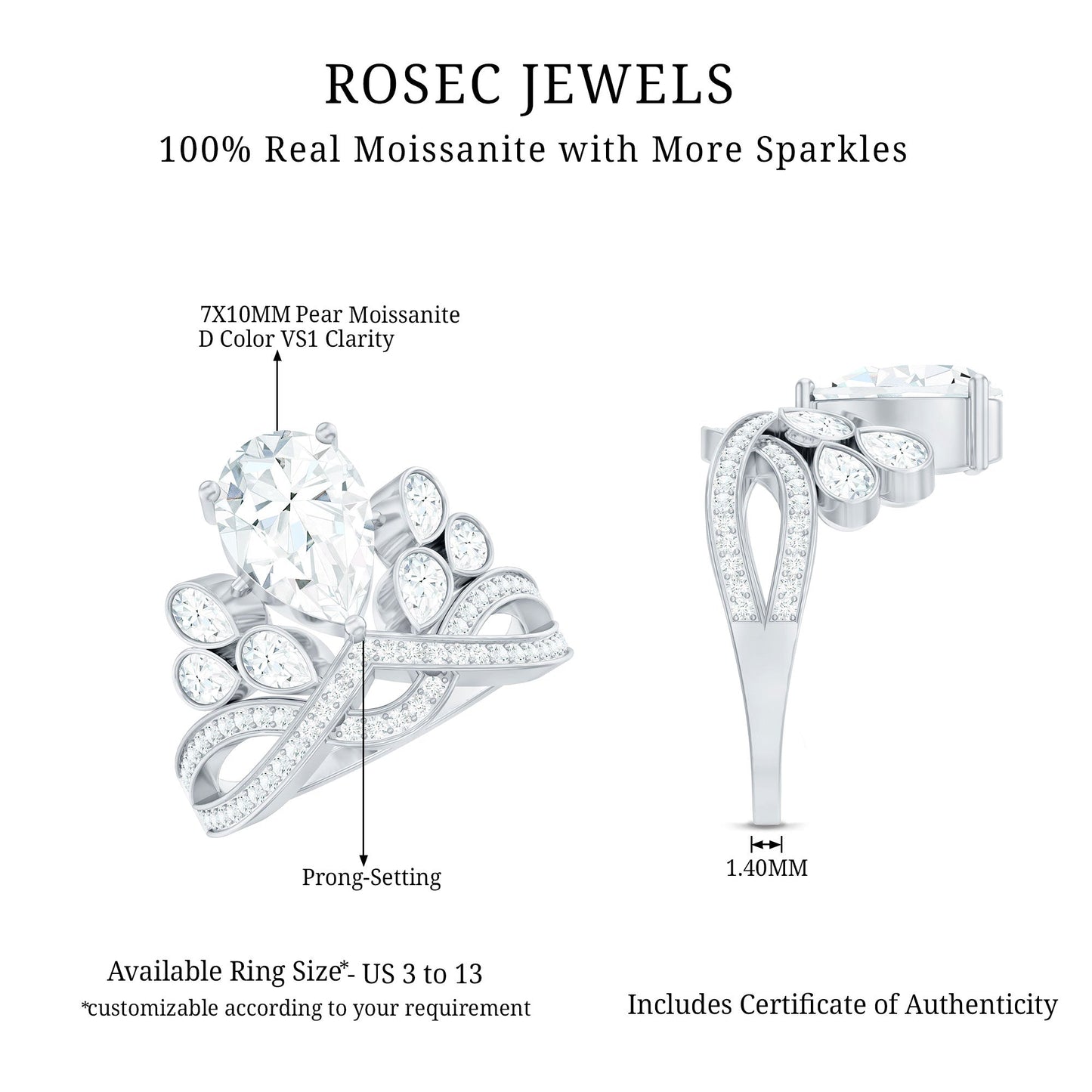 Certified Moissanite Designer Crown Engagement Ring