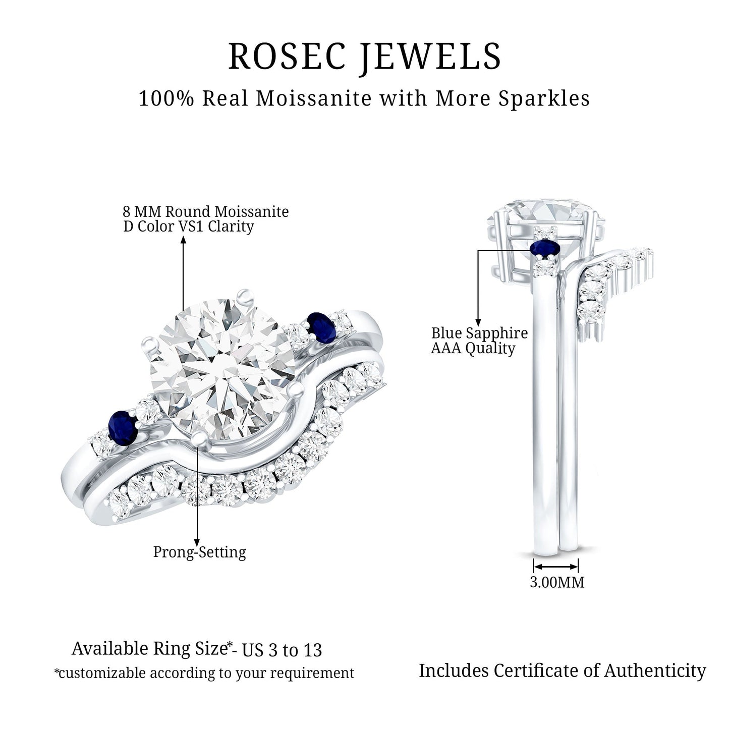 Certified Moissanite 2 Carat Engagement Ring With Wedding Band