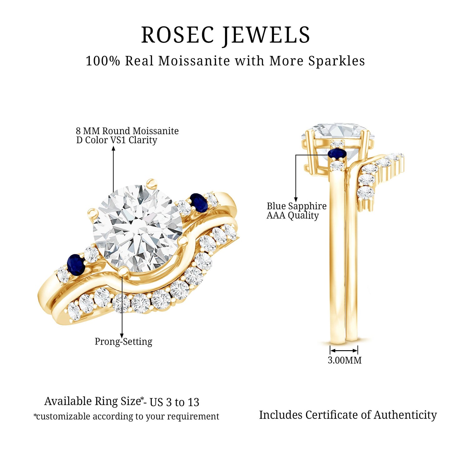 Certified Moissanite 2 Carat Engagement Ring With Wedding Band