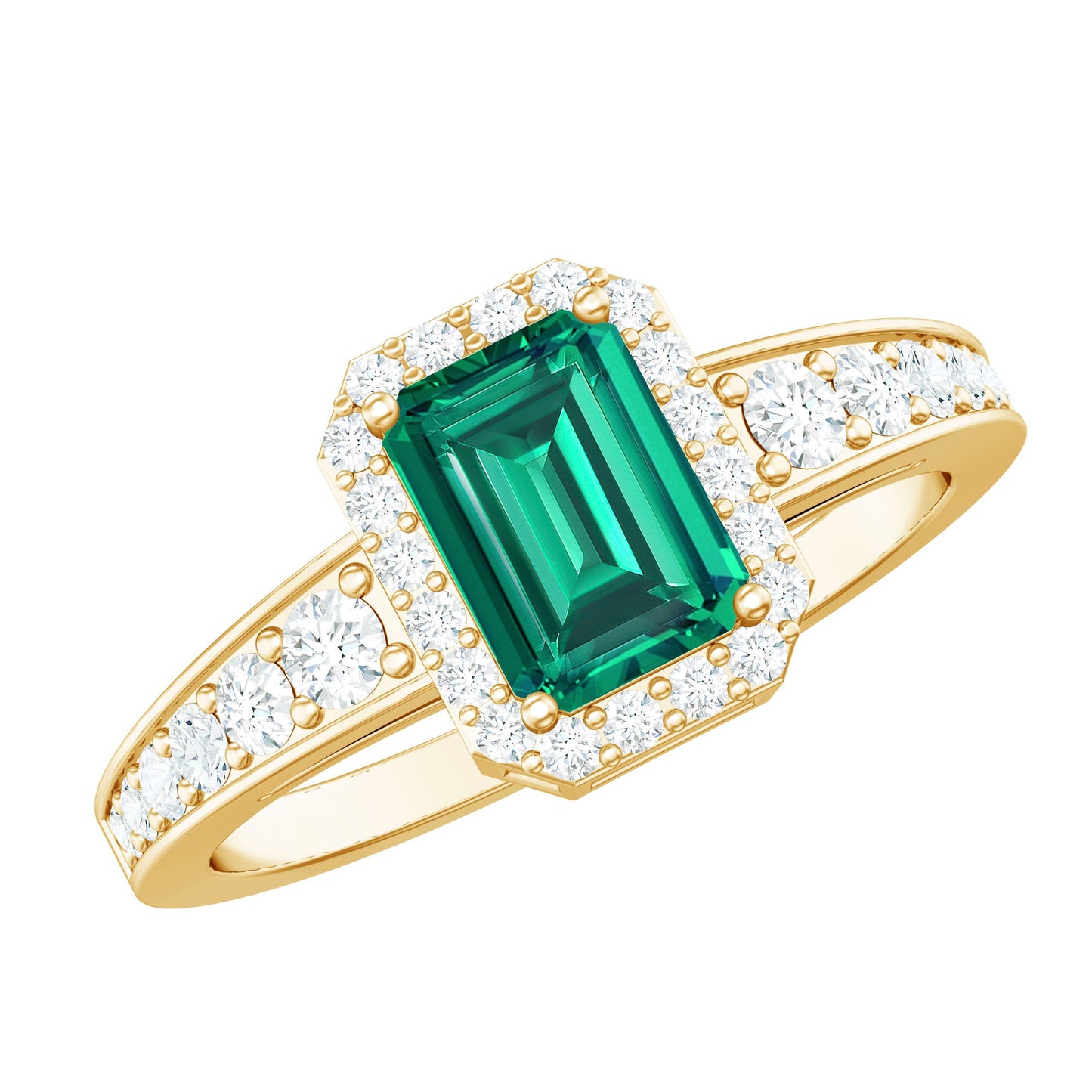Certified Emerald Cut Lab Grown Emerald Vintage Engagement Ring with Diamond