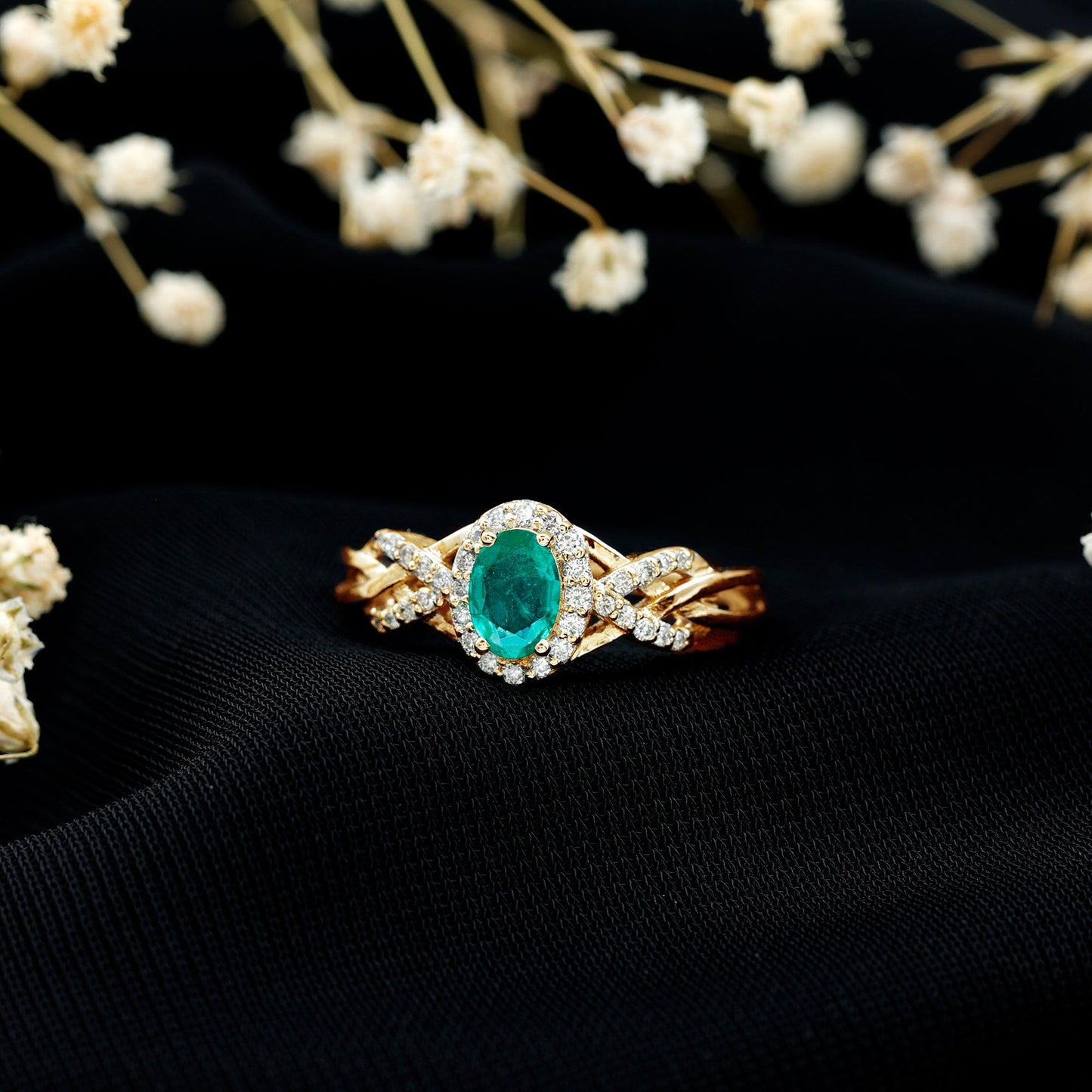 Designer Emerald Oval Engagement Ring with Diamond Halo