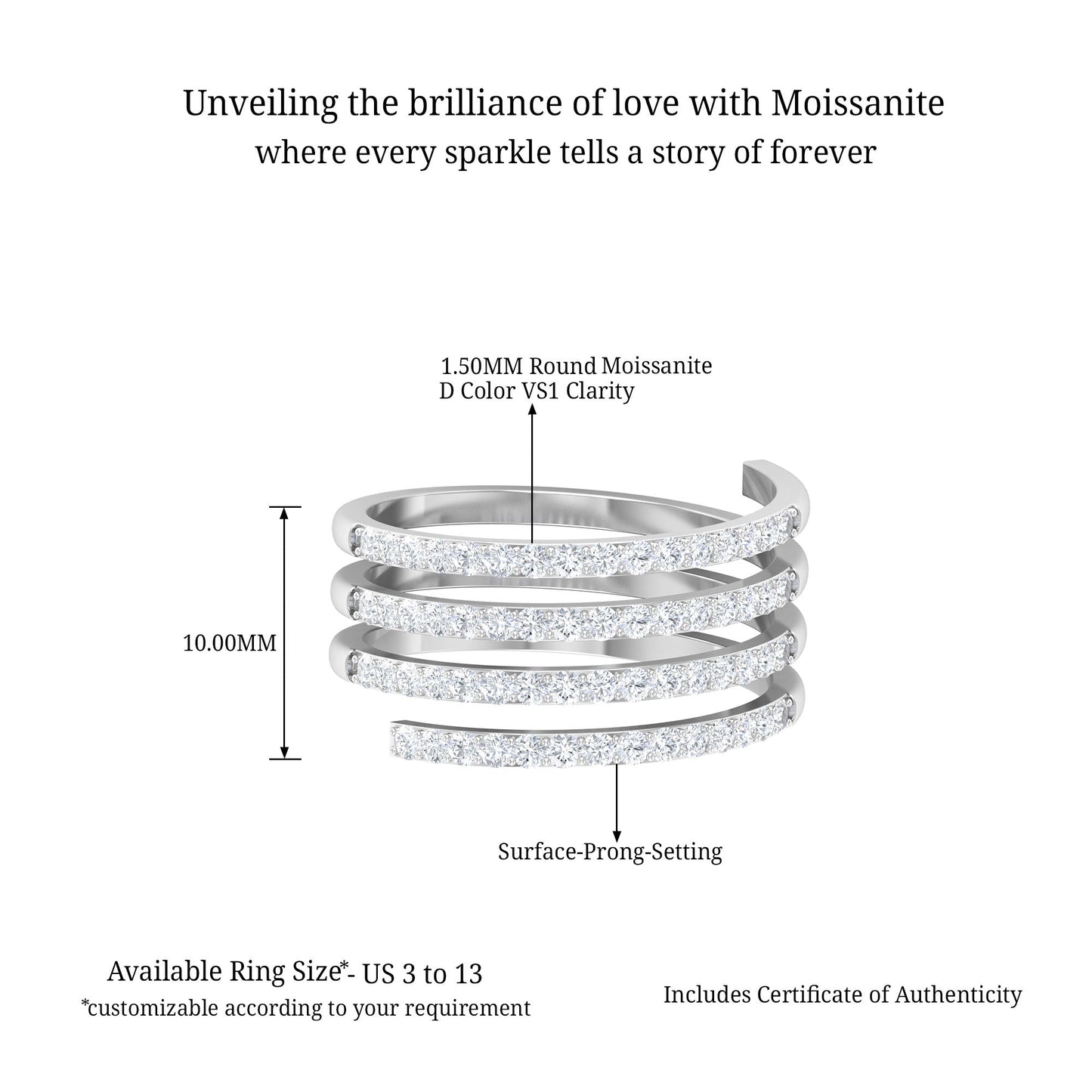 Certified Moissanite Spiral Wrap Ring