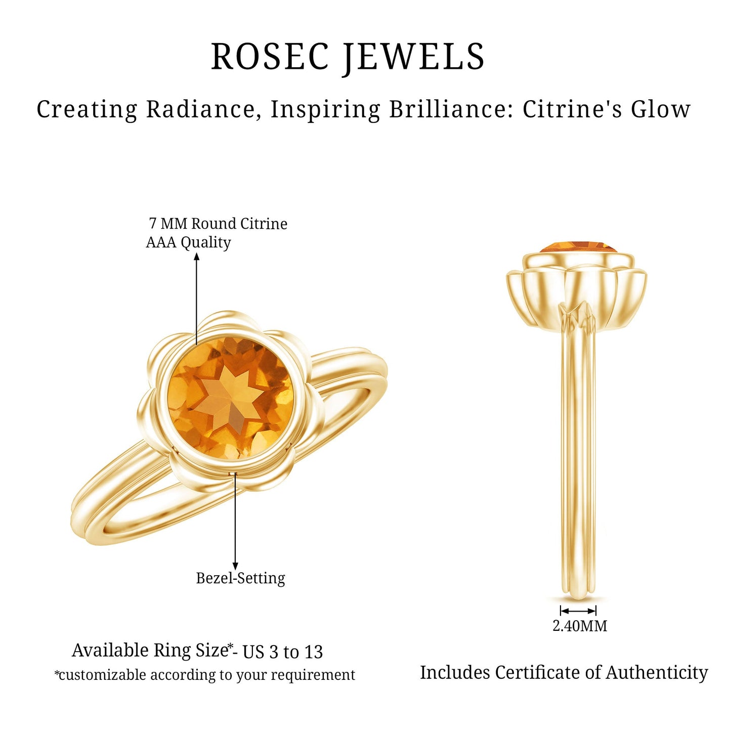1.2 Carat Citrine Solitaire Engagement Ring in Bezel Setting