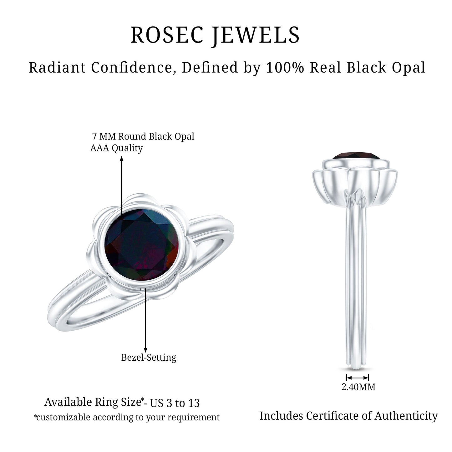 1.6 Carat Round Cut Black Opal Solitaire Engagement Ring in Bezel Setting