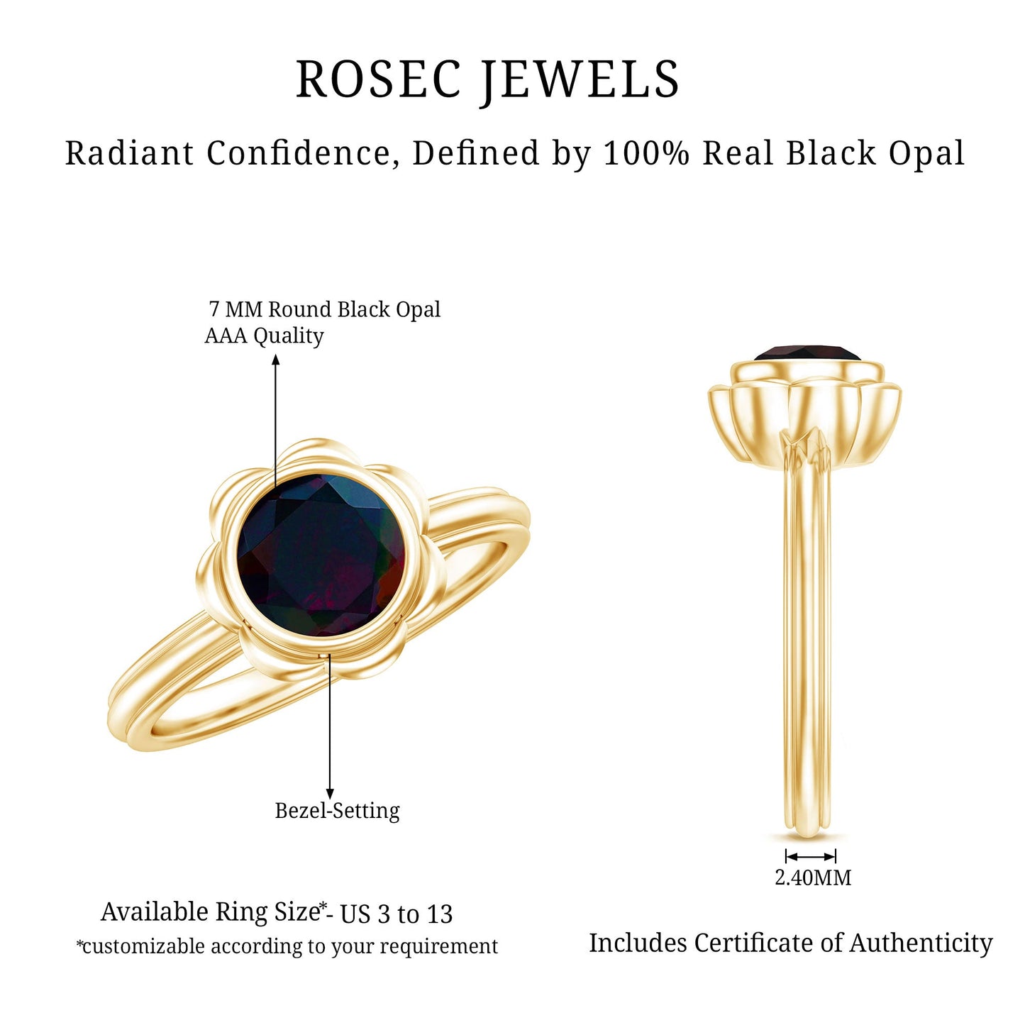 1.6 Carat Round Cut Black Opal Solitaire Engagement Ring in Bezel Setting