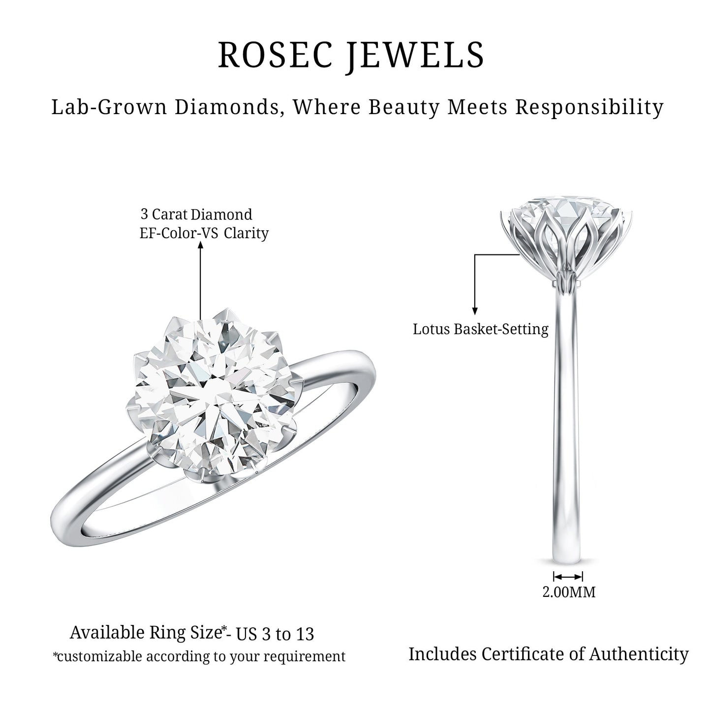 Lotus Basket Set Lab Grown Diamond 3 Carat Engagement Ring with IGI Certificate