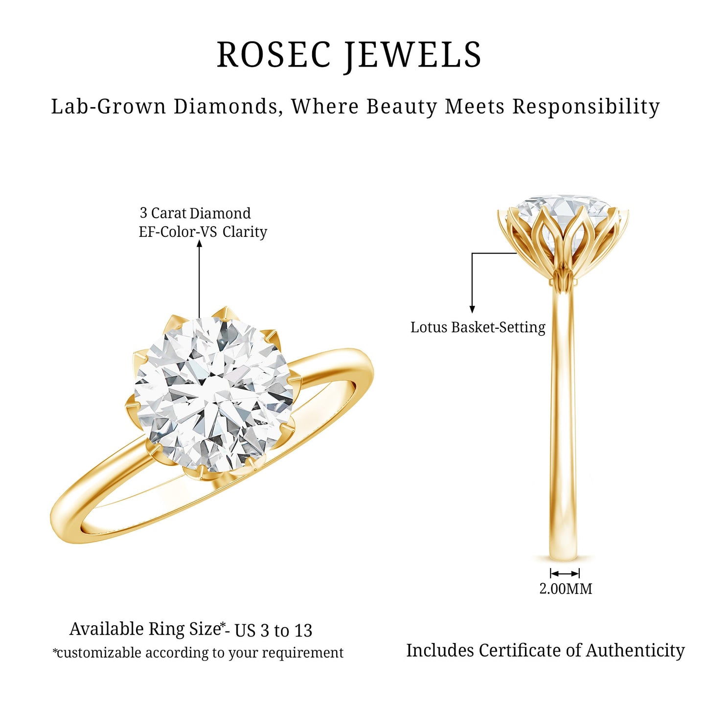 Lotus Basket Set Lab Grown Diamond 3 Carat Engagement Ring with IGI Certificate