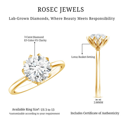 Lotus Basket Set Lab Grown Diamond 3 Carat Engagement Ring with IGI Certificate