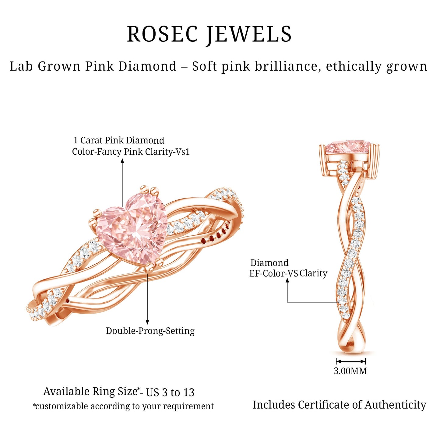 1 CT IGI Certified Lab Grown Pink Diamond Heart Engagement Ring with Crossover Shank