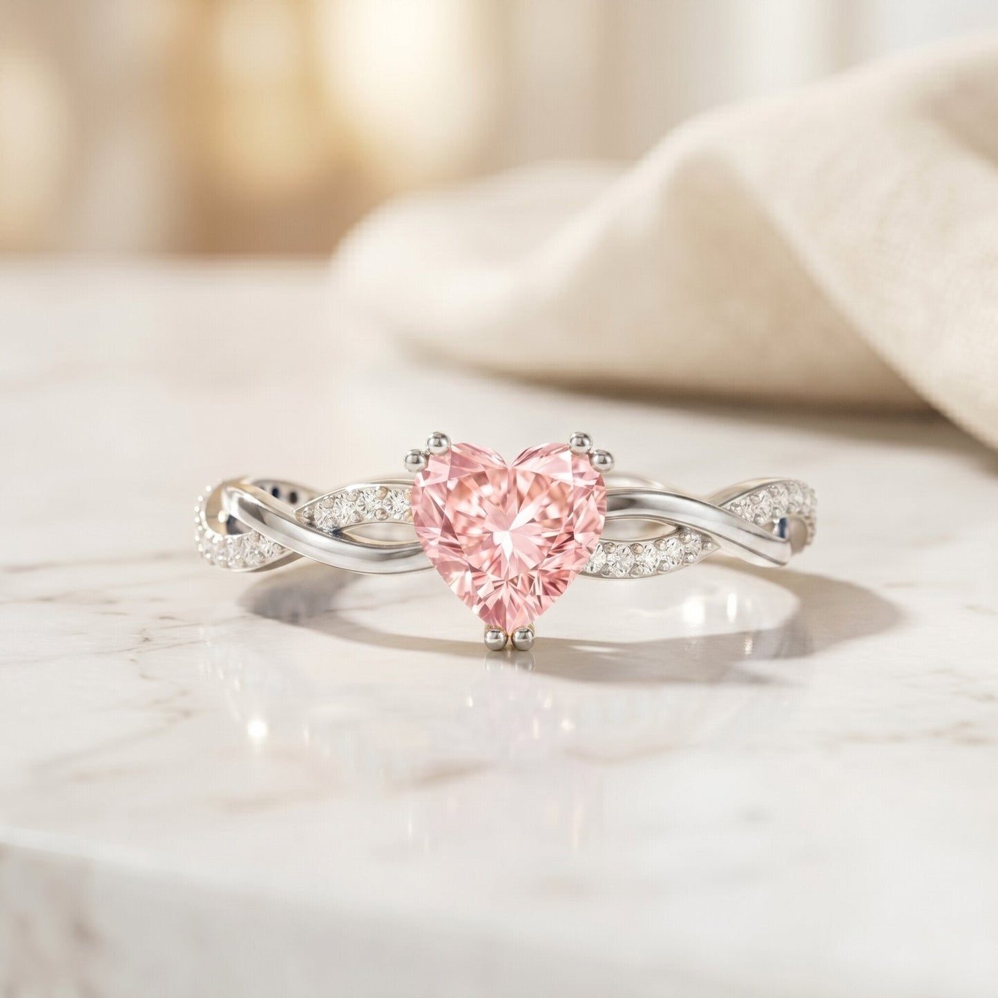 1 CT IGI Certified Lab Grown Pink Diamond Heart Engagement Ring with Crossover Shank
