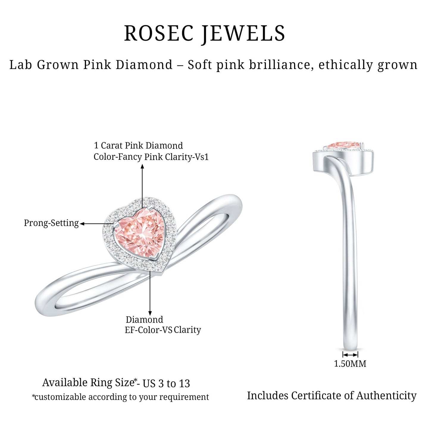 IGI Certified Lab Grown Pink Diamond Heart Promise Ring with Halo