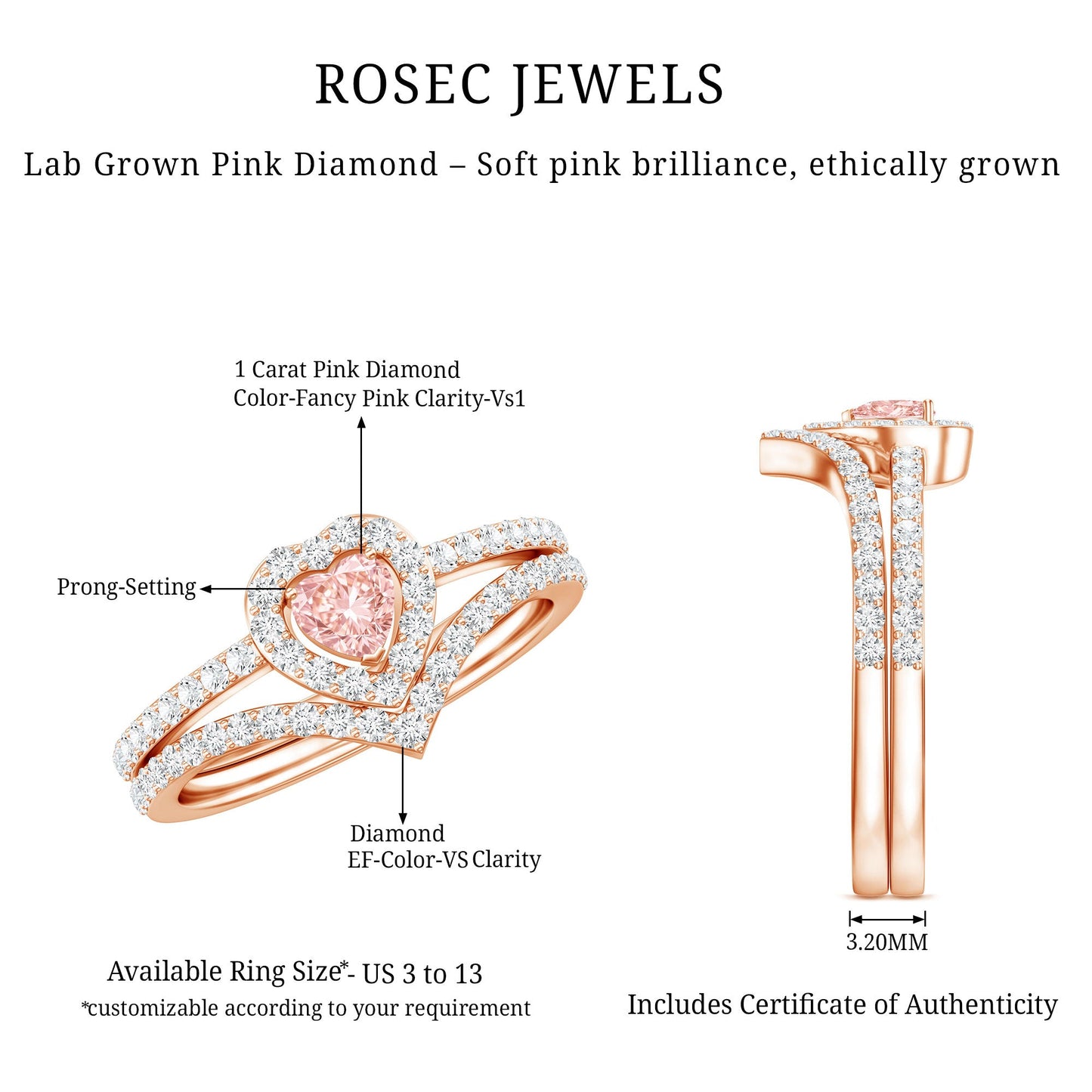 Heart Shape Lab Grown Pink and White Diamond Wedding Ring Set with IGI Certificate