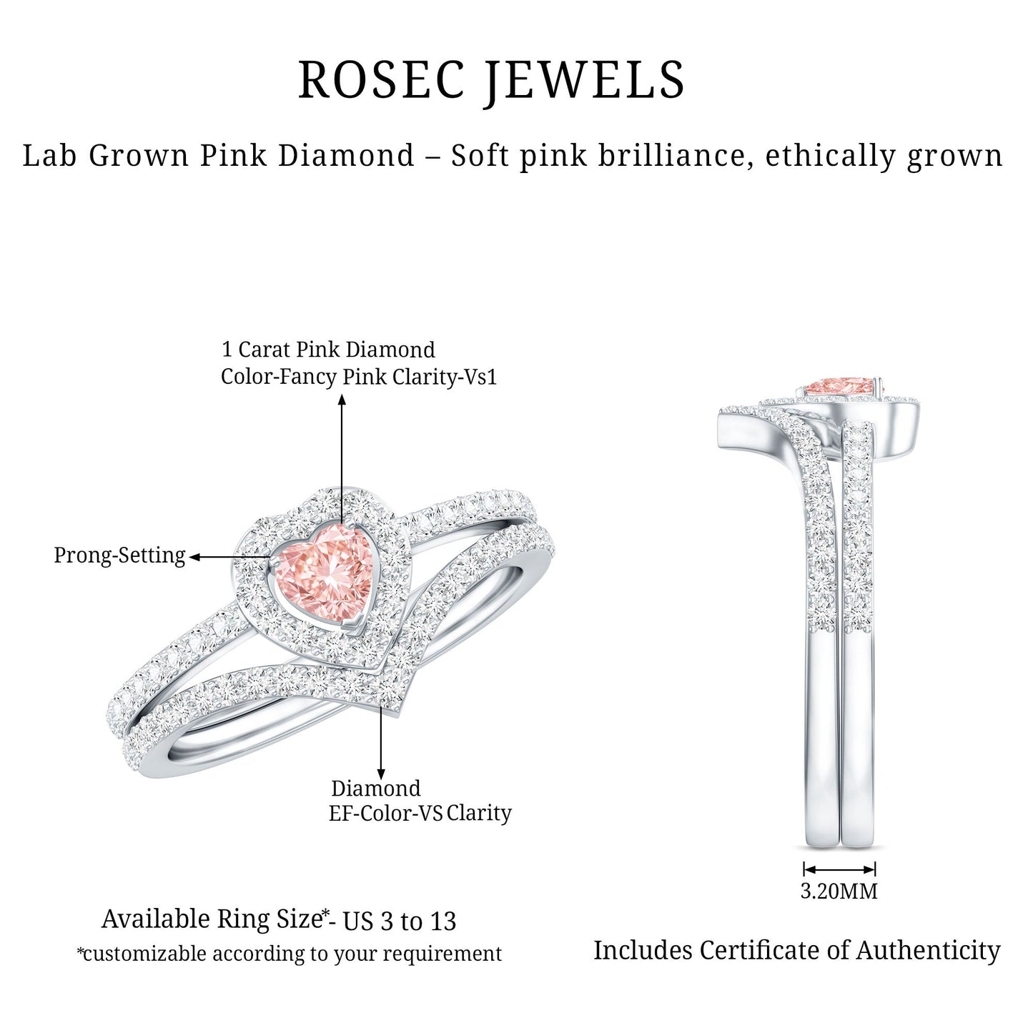 Heart Shape Lab Grown Pink and White Diamond Wedding Ring Set with IGI Certificate