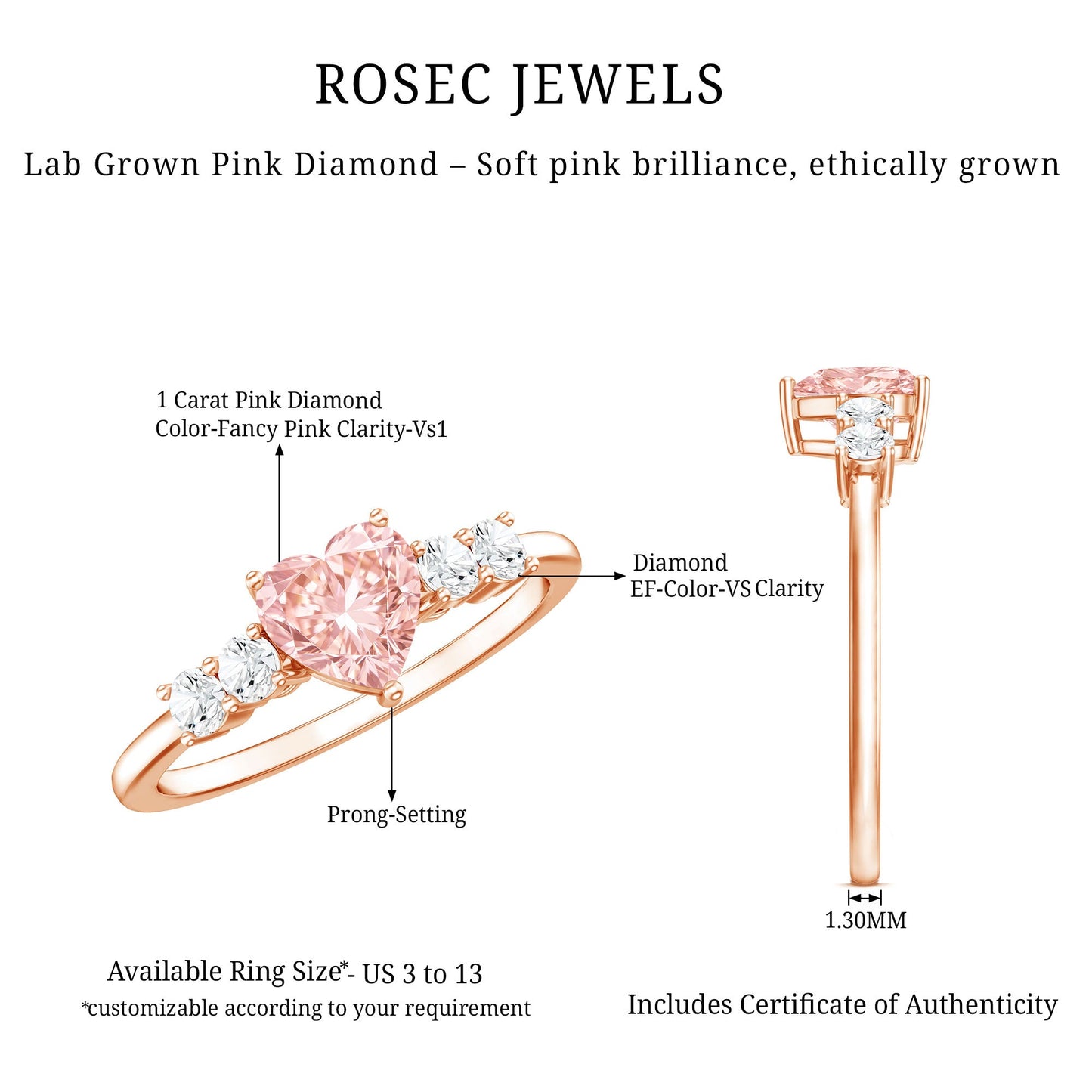 IGI Certified 1 Carat Lab Grown Pink and White Diamond Heart Promise Ring for Her