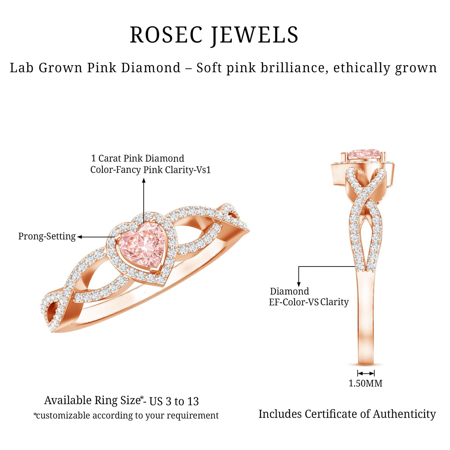 IGI Certified 1 Carat Lab Grown Pink and White Diamond Classic Engagement Ring
