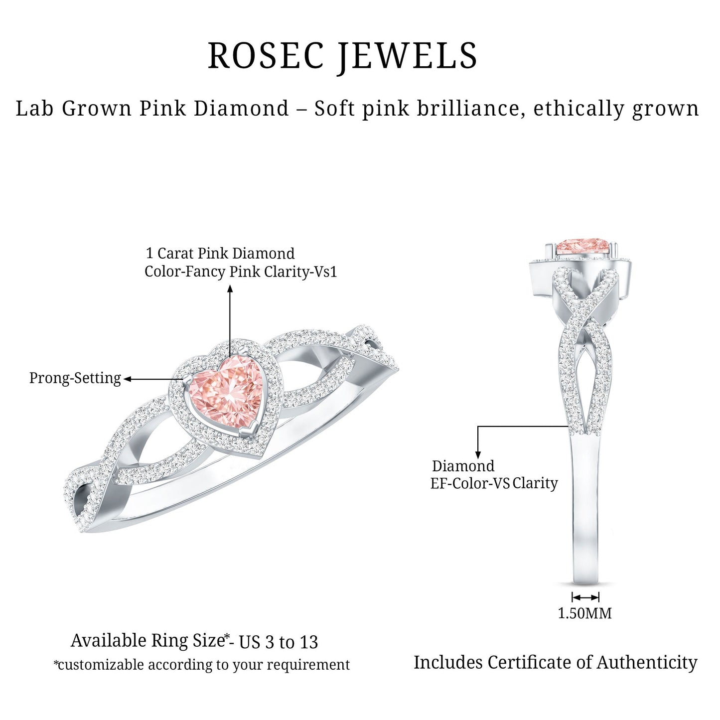 IGI Certified 1 Carat Lab Grown Pink and White Diamond Classic Engagement Ring