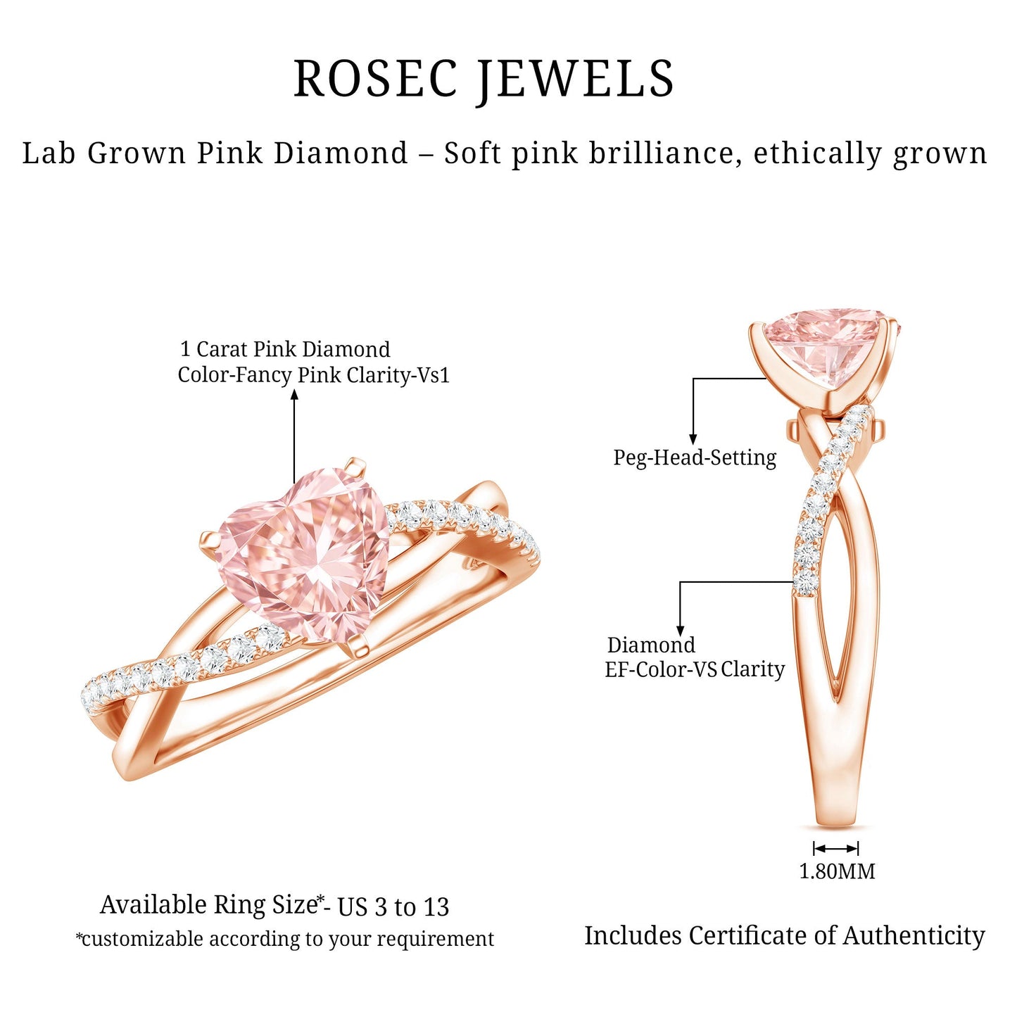 IGI Certified 1 CT Solitaire Lab Grown Pink Diamond Heart Engagement Ring