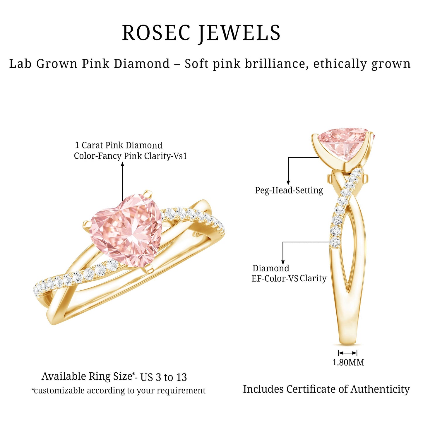 IGI Certified 1 CT Solitaire Lab Grown Pink Diamond Heart Engagement Ring