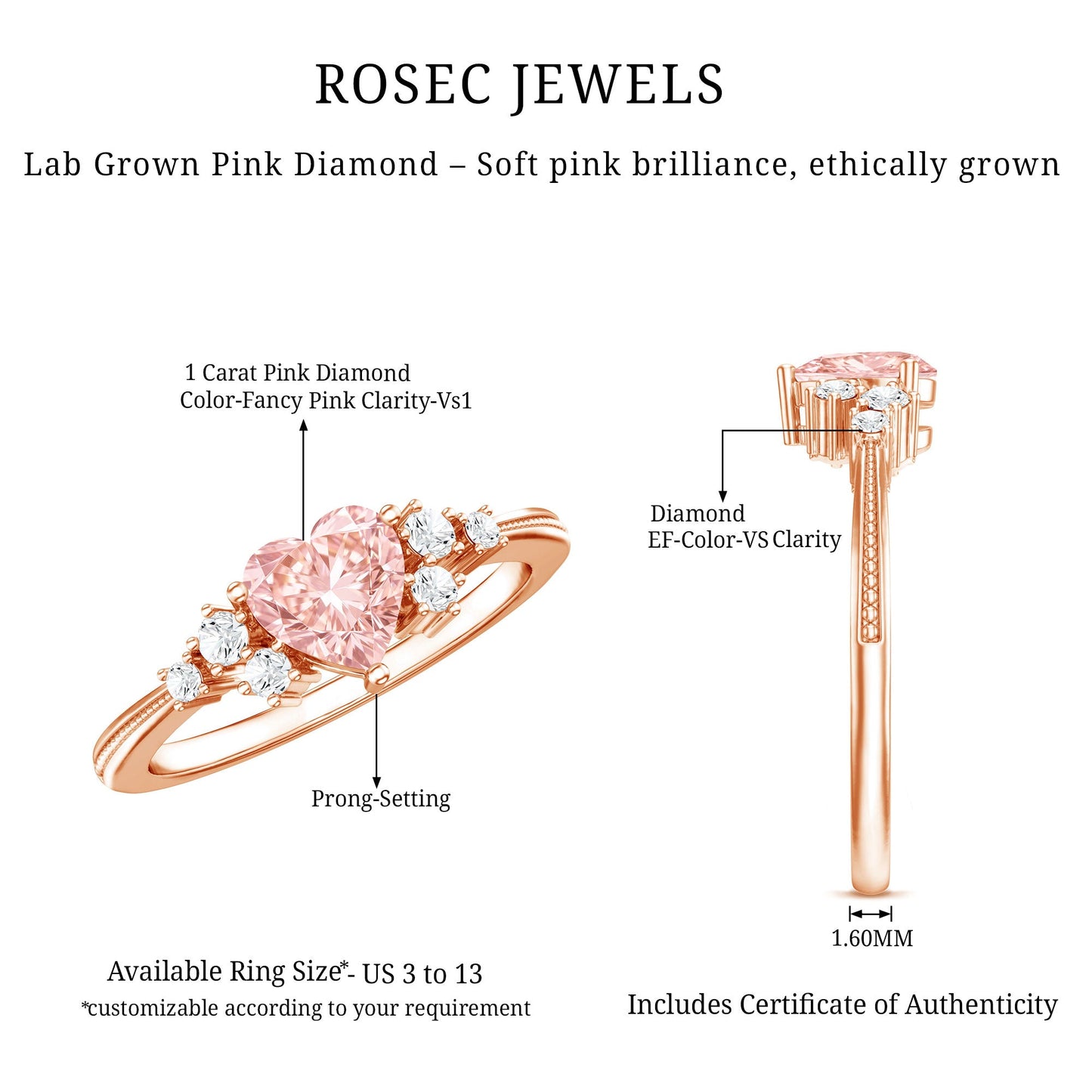 1 CT Lab Grown Pink and White Diamond Heart Engagement Ring IGI Certified