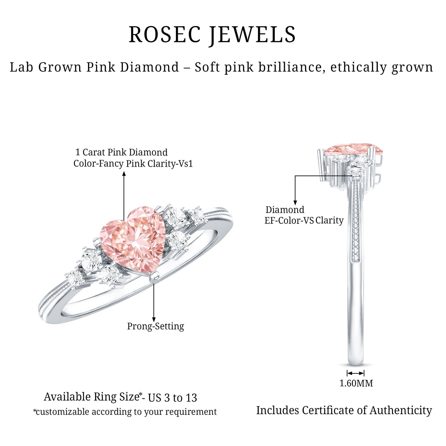 1 CT Lab Grown Pink and White Diamond Heart Engagement Ring IGI Certified