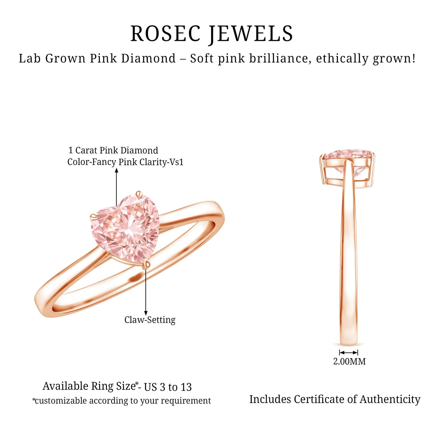 1 CT Lab Grown Pink Diamond Heart Promise Ring with IGI Certificate