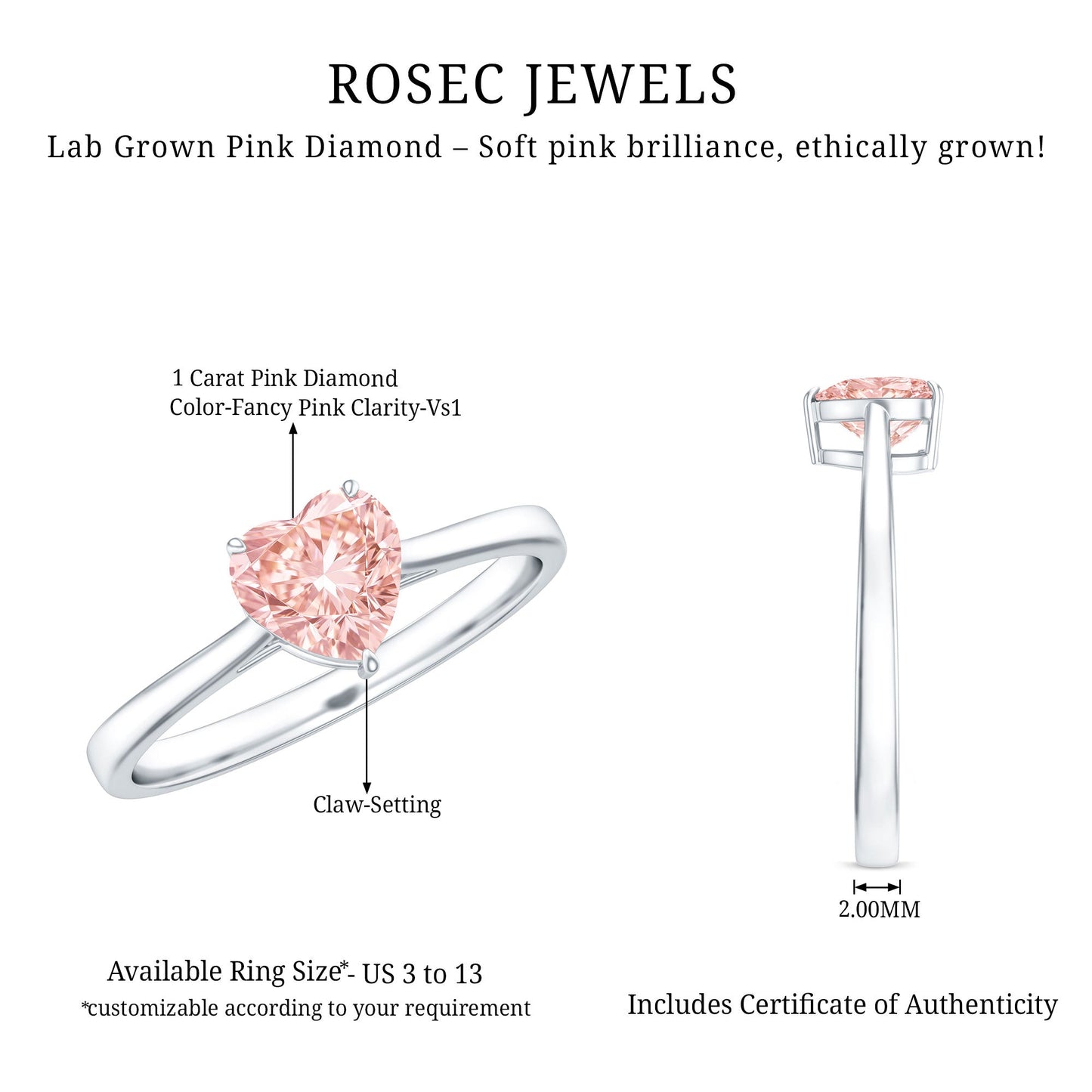 1 CT Lab Grown Pink Diamond Heart Promise Ring with IGI Certificate