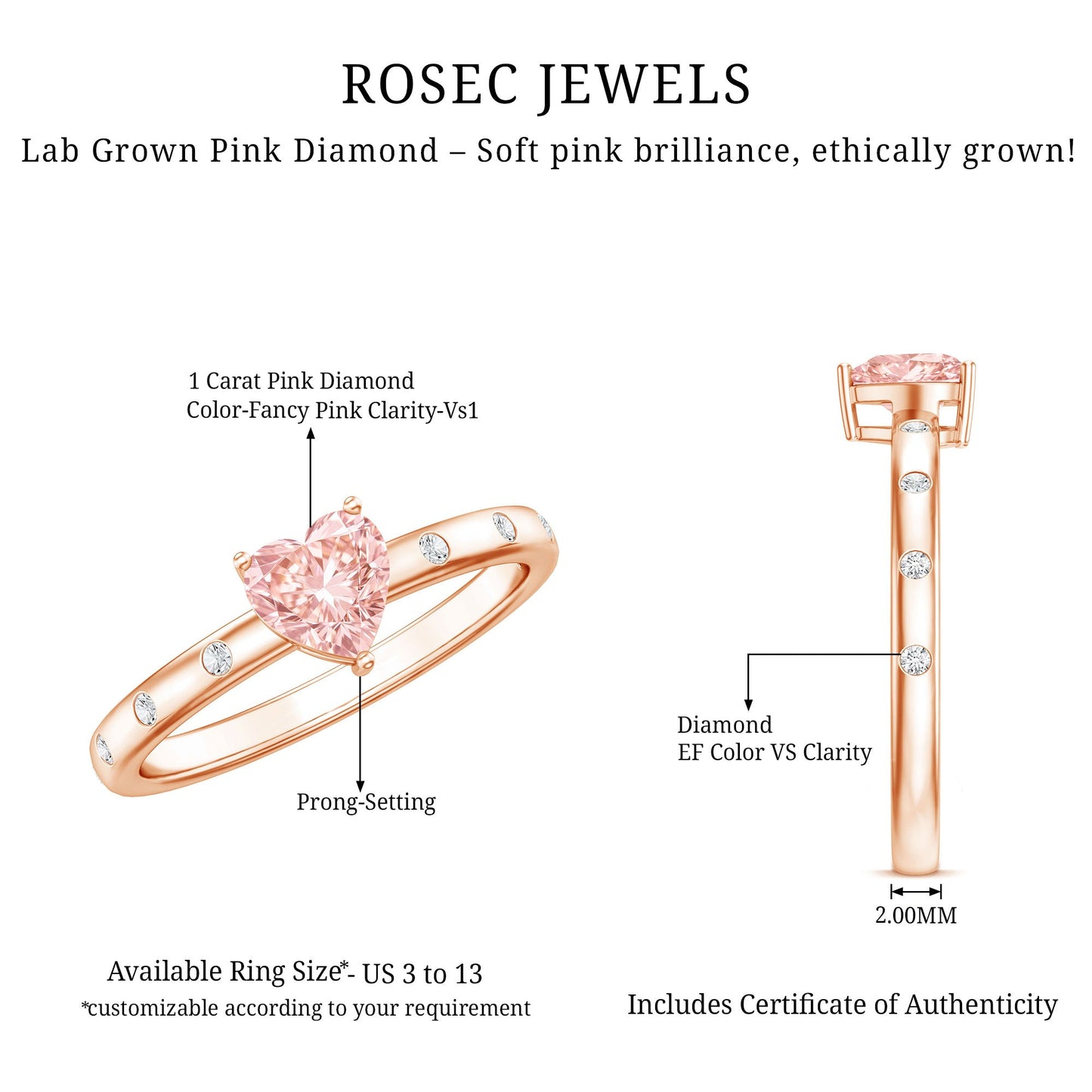 IGI Certified Solitaire Lab Grown Pink Diamond Engagement Ring for Women