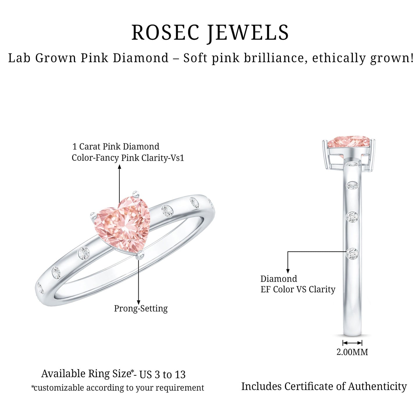 IGI Certified Solitaire Lab Grown Pink Diamond Engagement Ring for Women
