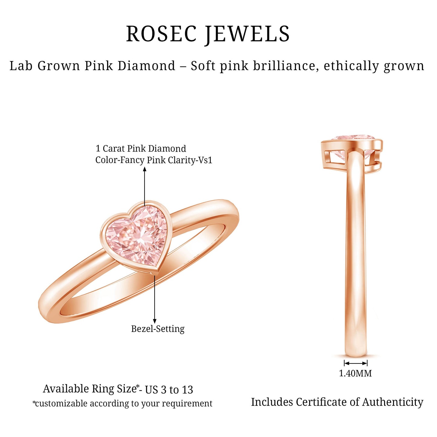 Bezel Set Lab Grown Pink Diamond Solitaire Promise Ring with IGI Certificate