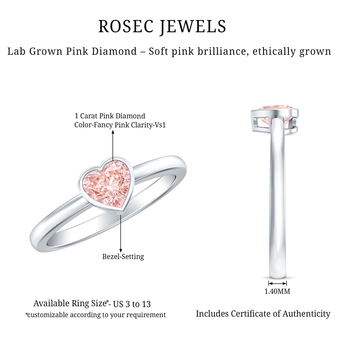 Bezel Set Lab Grown Pink Diamond Solitaire Promise Ring with IGI Certificate
