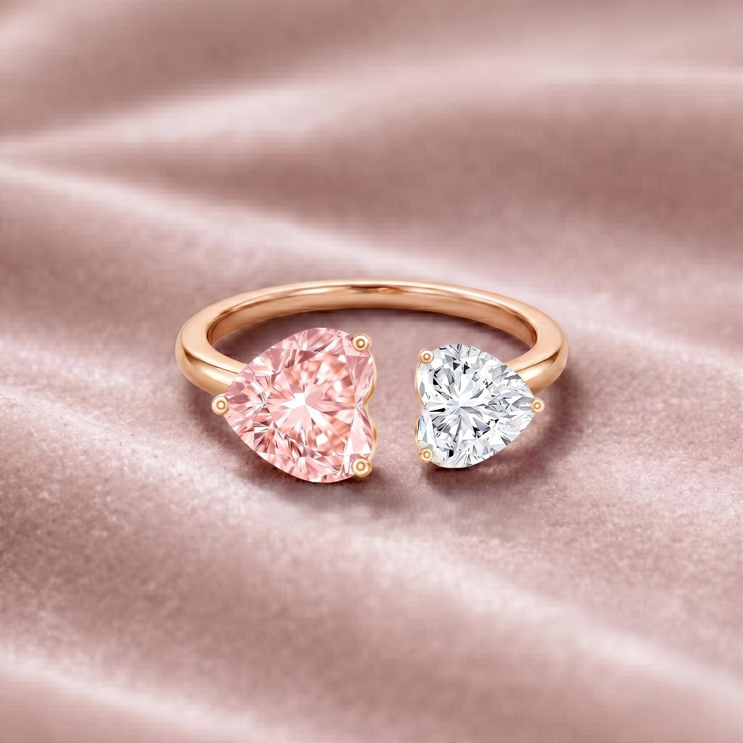Heart Shape Lab Grown Pink White Diamond Toi Et Moi Promise Ring with IGI Certificate