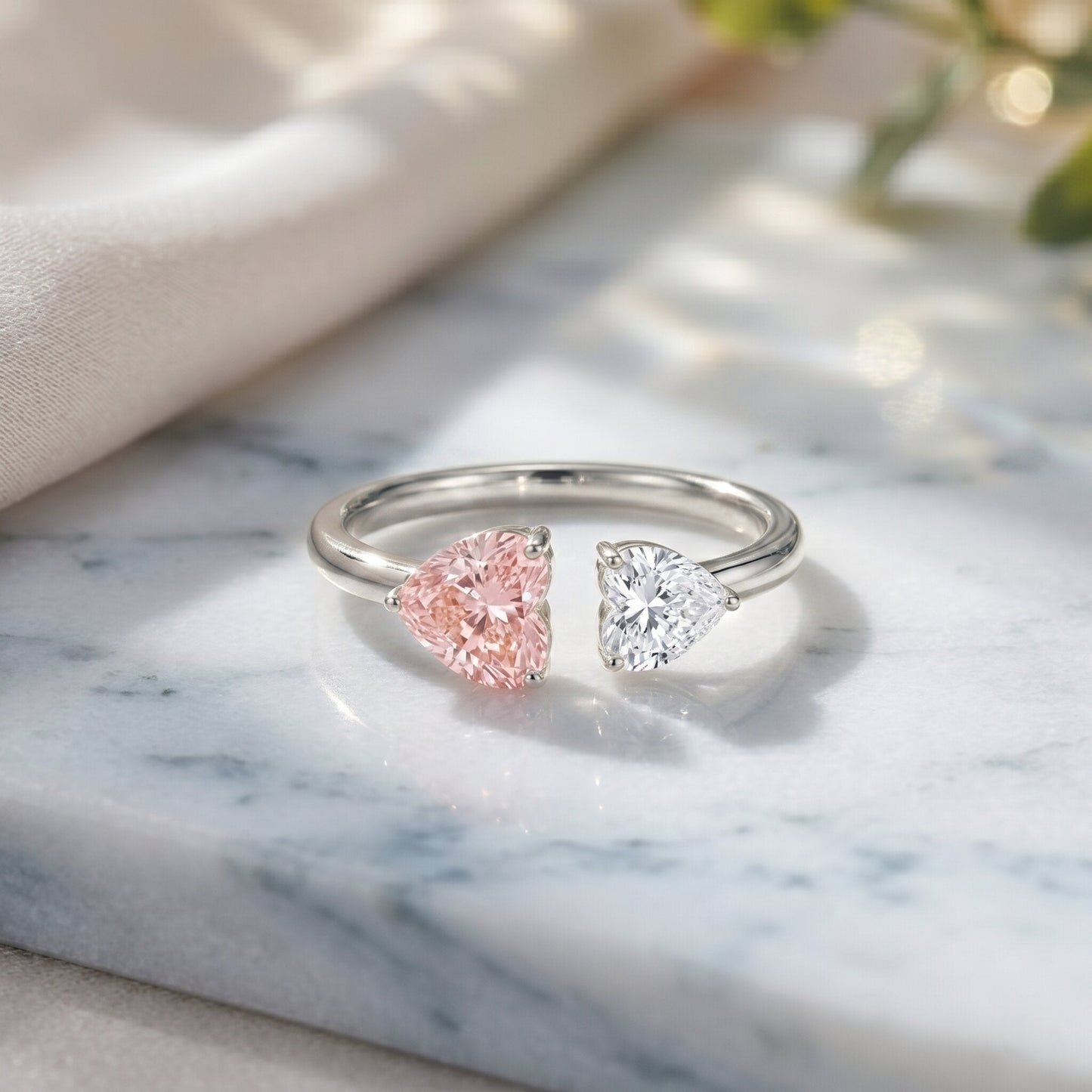 Heart Shape Lab Grown Pink White Diamond Toi Et Moi Promise Ring with IGI Certificate